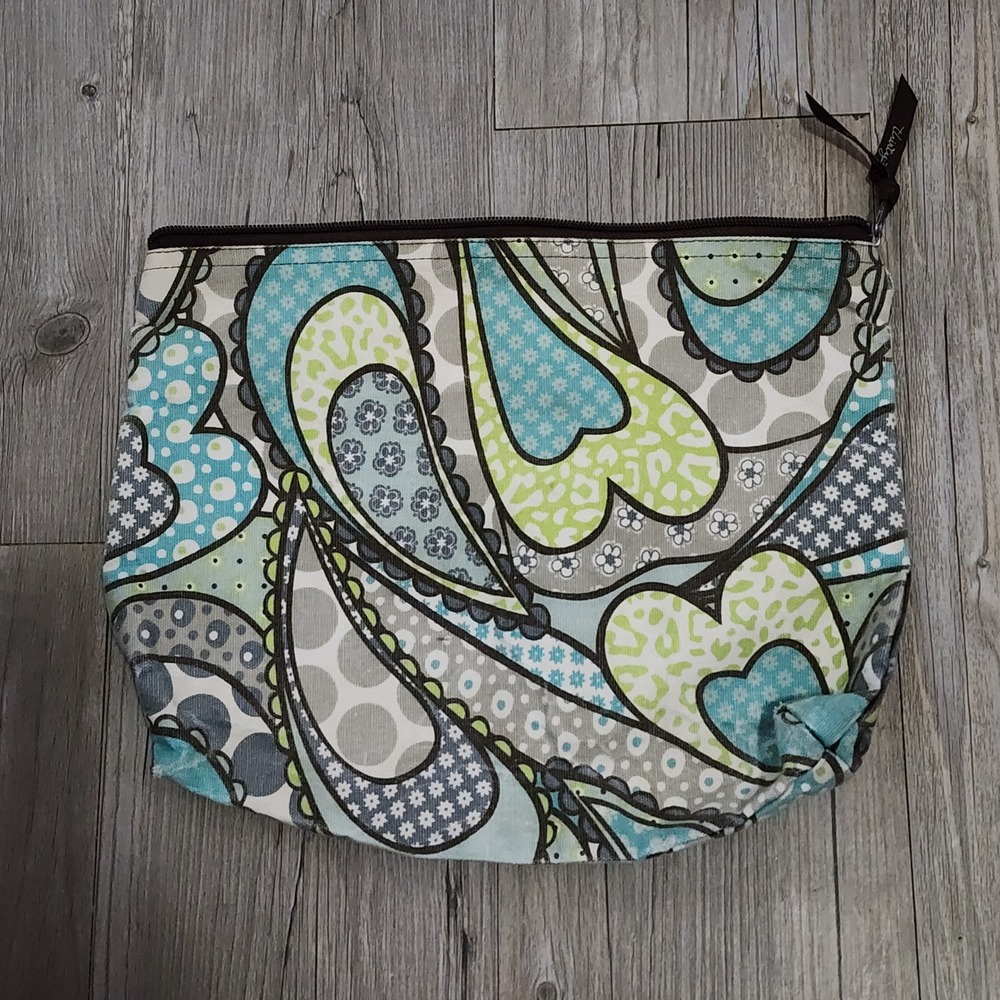 Thirty One Cosmetic Pouch Bag Blue Green‎ Gray Paisley Print Zippered  Organizer